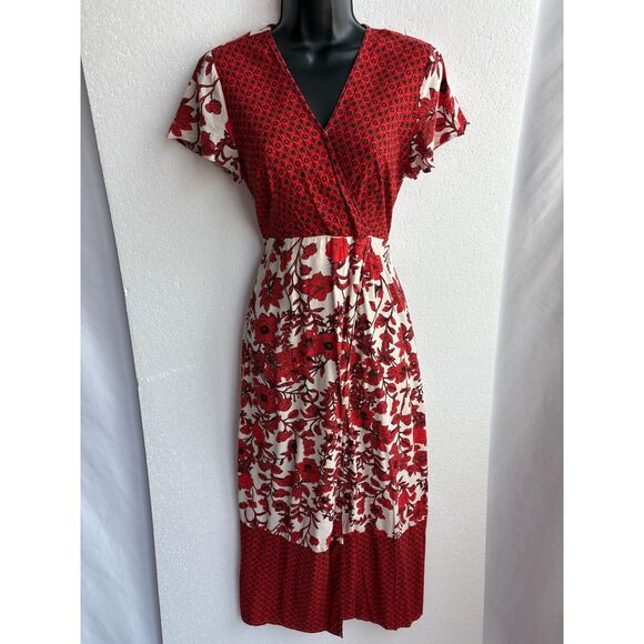 Lapis Red Floral Boho Faux Wrap Midi Dress Side Slit Leg Size S Feminine Modest - Picture 1 of 11